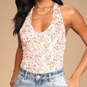 Boldly Blooming White Floral Print Halter Bodysuit